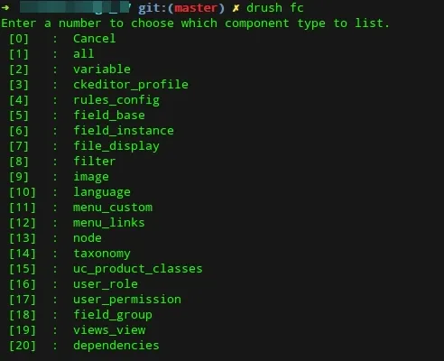 Drush fc listing the available components in a Drupal site