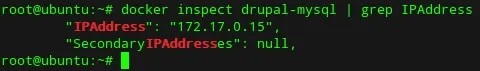 Terminal command showing how to obtain the mysql container internal IP