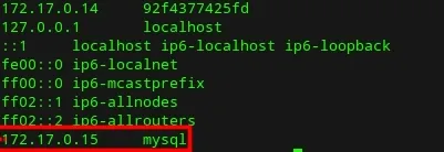 The /etc/hosts file inside the drupal-test container showing the mysql alias